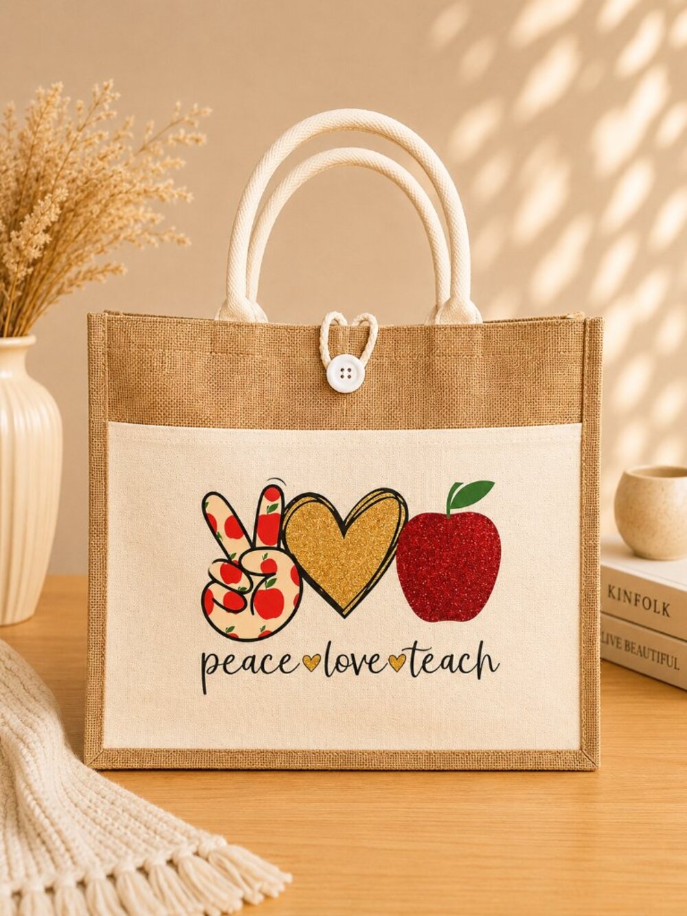 Peace Love Teach Tote Bag - Jute Tote - Reusable, Canvas Bag